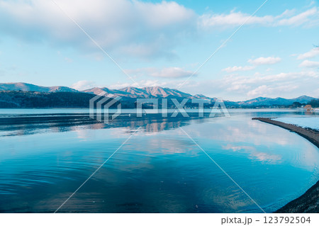 山中湖にいる美しい白鳥と風景 123792504