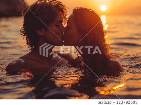 Young beautiful in love couple swimming and kissing in sea on sunset.Macro.AI Generative. 123792605