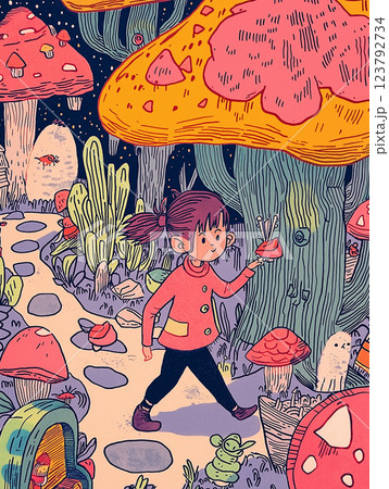 Brave little girl walking along a path in the magical woods at night. A kid in the enchanted forest surrounded by giant mushrooms and cacti. AI-generated illustration 123792734