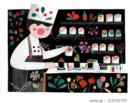 Chef making sushi in a Japanese restaurant kitchen. Cute cartoon illustration of a woman in an apron cooking. AI-generated illustration 123792735