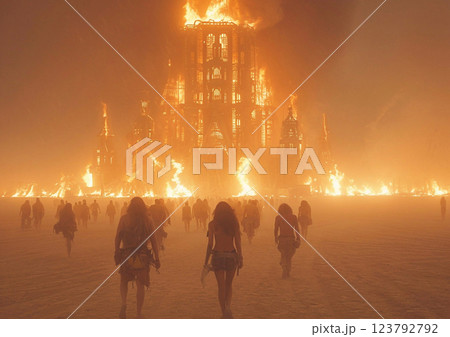 Scene from burning man desert festival on night with burning statue.Macro.AI Generative. Scene from burning man desert festival on night with burning statue.Macro.AI Generative. 123792792
