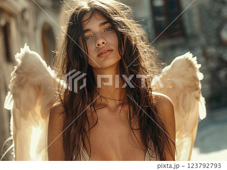 Portrait of young attractive woman fashion model angel with wings in sunlight.Macro.AI Generative. Portrait of young attractive woman fashion model angel with wings in sunlight.Macro.AI Generative. 123792793