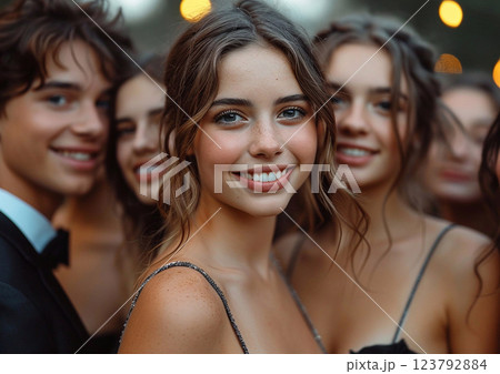 Happy students wearing beautiful dresses and tuxedos making photo before college.AI Generative. 123792884