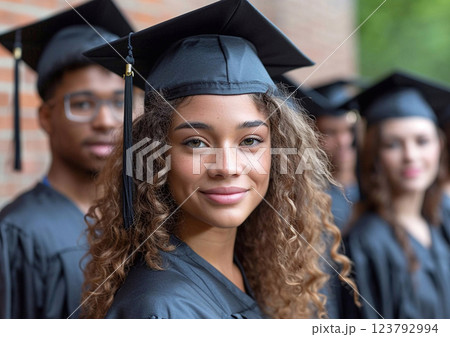 Beautiful young woman student on college graduation day.Macro.AI Generative. 123792994
