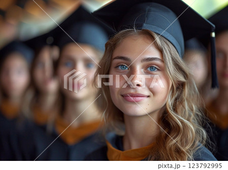 Beautiful young woman student on college graduation day.Macro.AI Generative. 123792995