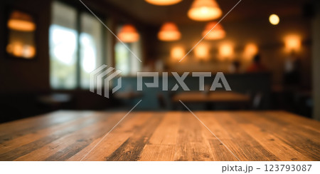 Empty wooden table in cozy bar setting with stools for object placement, ambient lighting, rustic decor, ready for product display, perfect backdrop for food photography or drink showcase Empty wooden table in cozy bar setting with stools for object placement, ambient lighting, rustic decor, ready for product display, perfect backdrop for food photography or drink showcase 123793087