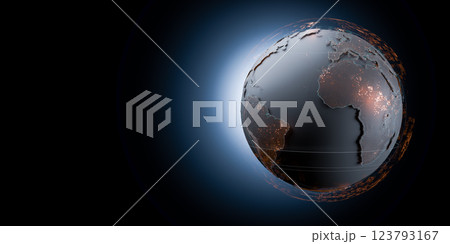3D planet earth, global news, digital globe, international connections, world map, night lights, futuristic technology, illuminated continents, global network, data visualization, 3d rendering 123793167