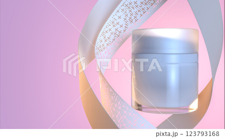 Moisturizing cream jar with white lid on pink background, surrounded by beige ribbon with decorative pattern, skincare product mockup for beauty and cosmetics advertising. 3d illustration 123793168