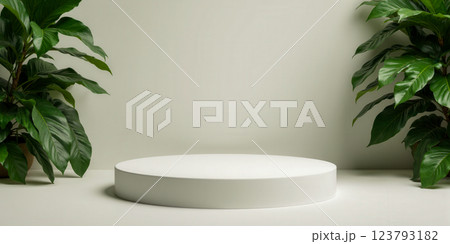White round podium with tall green plants in modern studio for minimalist product display and promotional White round podium with tall green plants in modern studio for minimalist product display and promotional 123793182