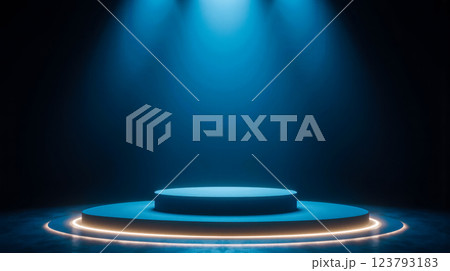 Modern blue stage with neon light circles and glowing platform for creative events or futuristic presentation 123793183