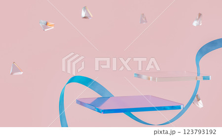 Floating transparent platforms with blue ribbon on pink background for modern product display, empty podium, abstract geometric shapes, creative placement, pastel color 123793192