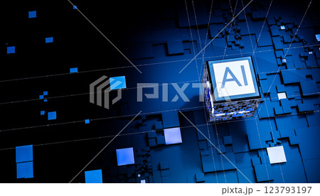 Futuristic AI chip glowing blue digital cube technology circuit board innovation processor intelligence network data computing power modern design Futuristic AI chip glowing blue digital cube technology circuit board innovation processor intelligence network data computing power modern design 123793197