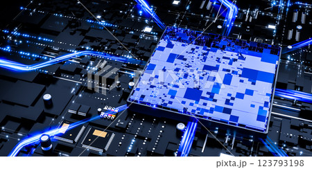 Powerful AI processor on futuristic circuit board, advanced microchip technology, digital background, innovation in artificial intelligence, electronic hardware, 3d rendering 123793198