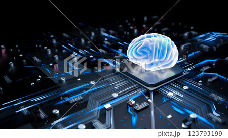 Artificial intelligence brain on microchip with blue circuits, futuristic neural processor, 3D illustration, technology concept, digital brain, AI, NPU, electronic component 123793199