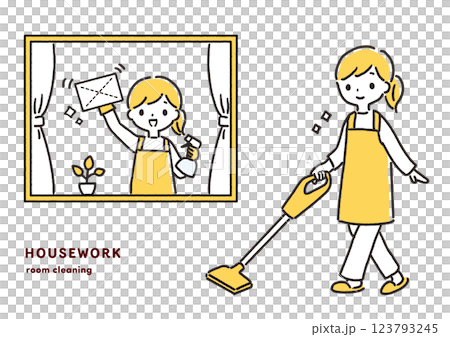 掃除をする女性の手描きイラスト(黄色) 掃除をする女性の手描きイラスト(黄色) 123793245