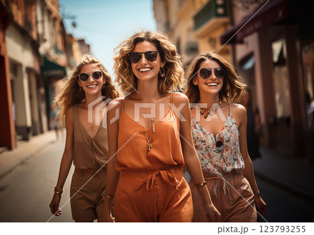 Three beautiful happy women walking through busy summer street on their vacation trip.AI Generative. 123793255