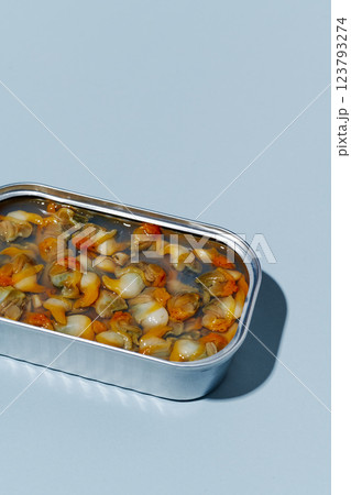closeup of an open can of tinned cockles 123793274