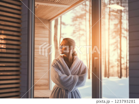 Beautiful woman wearing white bathrobe standing in winter sauna and large window.AI Generative. Beautiful woman wearing white bathrobe standing in winter sauna and large window.AI Generative. 123793281