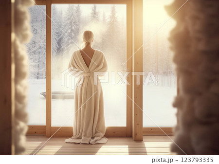 Beautiful woman wearing white bathrobe standing in winter sauna and large window.AI Generative. 123793335