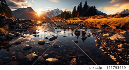 Beautiful sunset on calm river with stones and forest and mountains view.Landscape.AI generative. 123793489