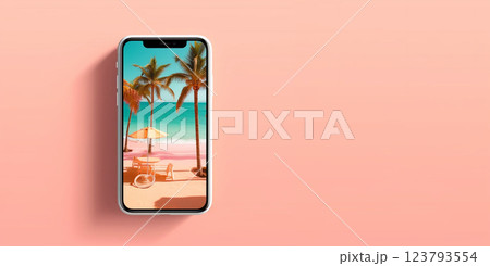 Summer holiday advertising with phone and picture of vacation resort with blue ocean.AI Generative 123793554