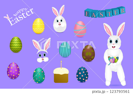 Cute Easter Clipart Set with Bunny, Decorated Eggs, and Holiday Elements 123793561