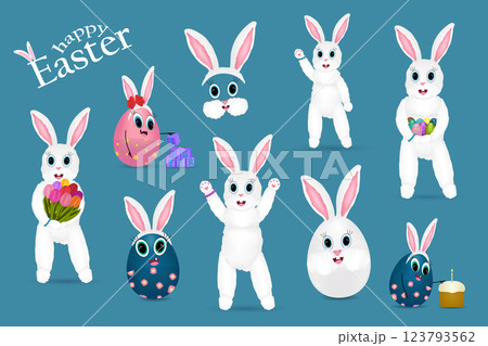 Cute Easter Bunny and Egg Characters Celebrating on Blue Background 123793562