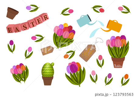 Easter Floral and Gardening Set with Tulips, Watering Cans, and Festive Elements 123793563