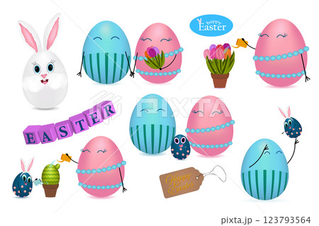 Cute Easter Egg Character Set with Bunny and Festive Elements 123793564