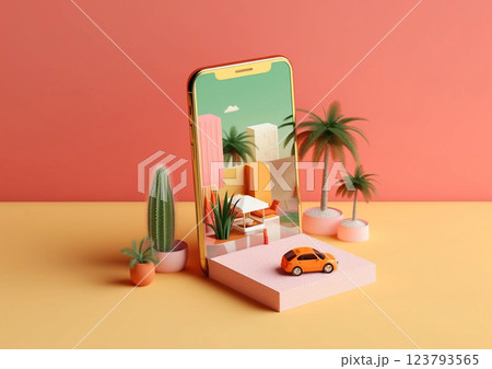 3D Summer resort vacation with hotel and palms and rental car on phone display.Macro.AI Generative 123793565