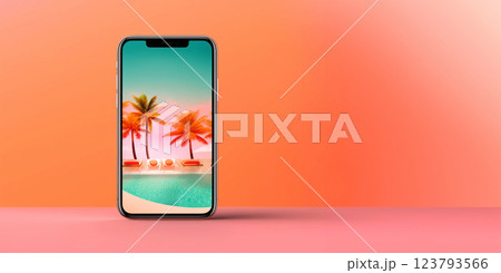 Summer resort vacation with swimming pool and palms on phone display as advertising.AI Generative 123793566