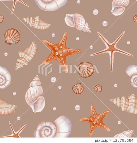 Seashell and Pearls Pattern on isolated background. Hand drawn vintage watercolor seamless ornament with Sea Shells and stars for wrapping paper or textile in nautical style. Seashell and Pearls Pattern on isolated background. Hand drawn vintage watercolor seamless ornament with Sea Shells and stars for wrapping paper or textile in nautical style. 123793594