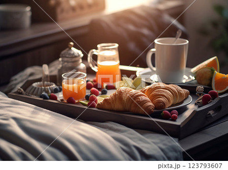 Breakfast in bed in luxury hotel with coffee and croissant with berries and fruits.AI Generative. 123793607