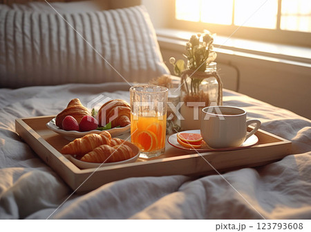 Tray with breakfast in bed with fresh coffee and orange juice and soft croissant.AI Generative. Tray with breakfast in bed with fresh coffee and orange juice and soft croissant.AI Generative. 123793608