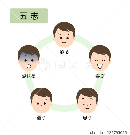 東洋医学 人体の五行分類 五志 東洋医学 人体の五行分類 五志 123793636