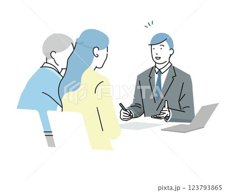 男性アドバイザーに相談する夫婦ー相談ー打ち合わせーアドバイスのビジネスシーンのベクターイラスト素材 男性アドバイザーに相談する夫婦ー相談ー打ち合わせーアドバイスのビジネスシーンのベクターイラスト素材 123793865