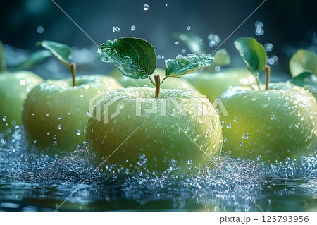 Fresh Green Apples with Water Droplets Floating in Rippled Water Generative AI 123793956