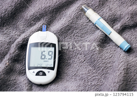Blood Glucose Monitor and Insulin Pen Safely Placed on a Soft Surface for Daily Use 123794115