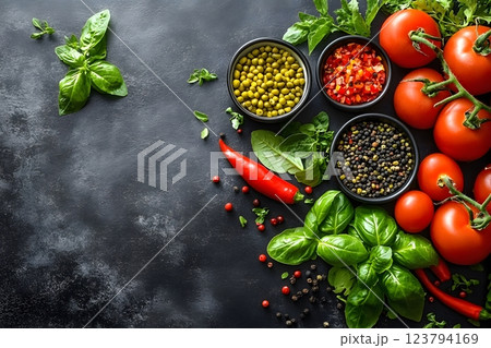 Fresh Ingredients for Cooking with Tomatoes, Peppers, and Herbs on Dark Background Generative AI 123794169
