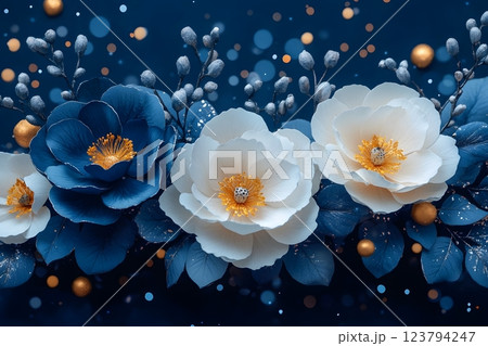 Elegant Floral Arrangement with Blue and White Flowers for Festive Decor Design Generative AI 123794247