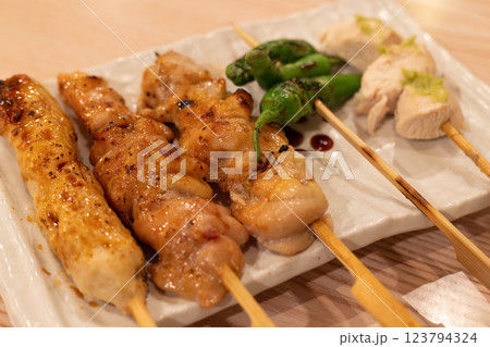 居酒屋の美味しい焼鳥盛り合わせ 123794324