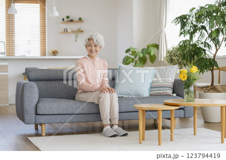 自宅のソファに座るカメラ目線で笑顔のシニア女性 自宅のソファに座るカメラ目線で笑顔のシニア女性 123794419