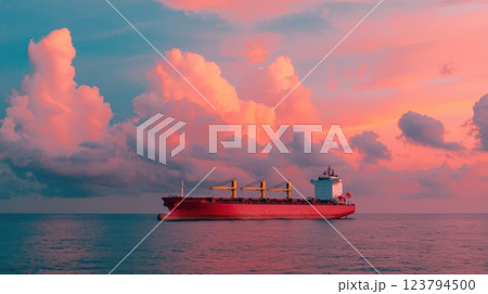 Container ship of ocean concept. Giant Container Ship Sailing Over Serene Ocean at Vibrant Sunset 123794500