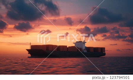 Container ship of ocean concept. Giant Container Ship Sailing Smoothly Over an Ocean at Sunset 123794501