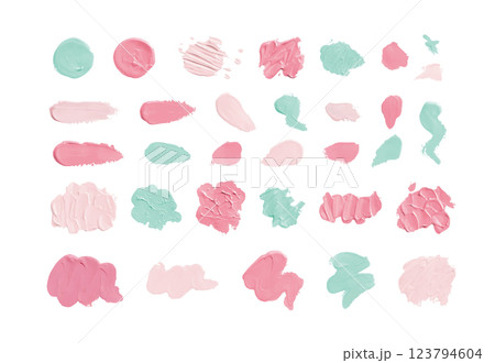 春色のかわいい立体的な絵の具の塗り　抽象的な装飾イラストセット　ペンキ　ペイント　顔料　塗料　厚塗り 123794604