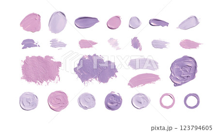 紫色のかわいい立体的な絵の具の塗り　抽象的な装飾イラストセット　ペンキ　ペイント　顔料　塗料　厚塗り 123794605