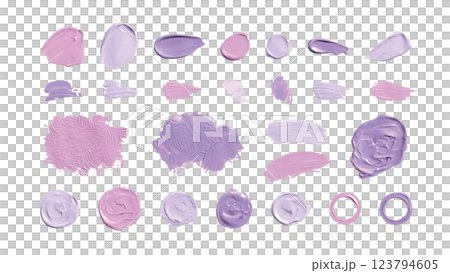 紫色のかわいい立体的な絵の具の塗り　抽象的な装飾イラストセット　ペンキ　ペイント　顔料　塗料　厚塗り 123794605