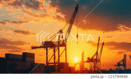 Container ship silhouette of industrial cranes concept. Dramatic Sunset Silhouette of Cargo Crane at Shipping Logistics Port Terminal 123794686