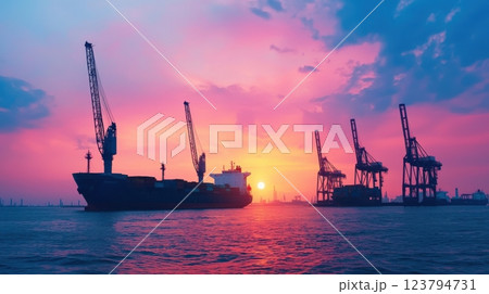 Container ship silhouette of industrial cranes concept. Silhouette of an Industrial Port City Cargo Cranes at Sunset Container ship silhouette of industrial cranes concept. Silhouette of an Industrial Port City Cargo Cranes at Sunset 123794731