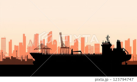 Container ship silhouette of industrial cranes concept. Silhouetted Cargo Ship Approaching Urban Seaport Skyline at Sunset Container ship silhouette of industrial cranes concept. Silhouetted Cargo Ship Approaching Urban Seaport Skyline at Sunset 123794747
